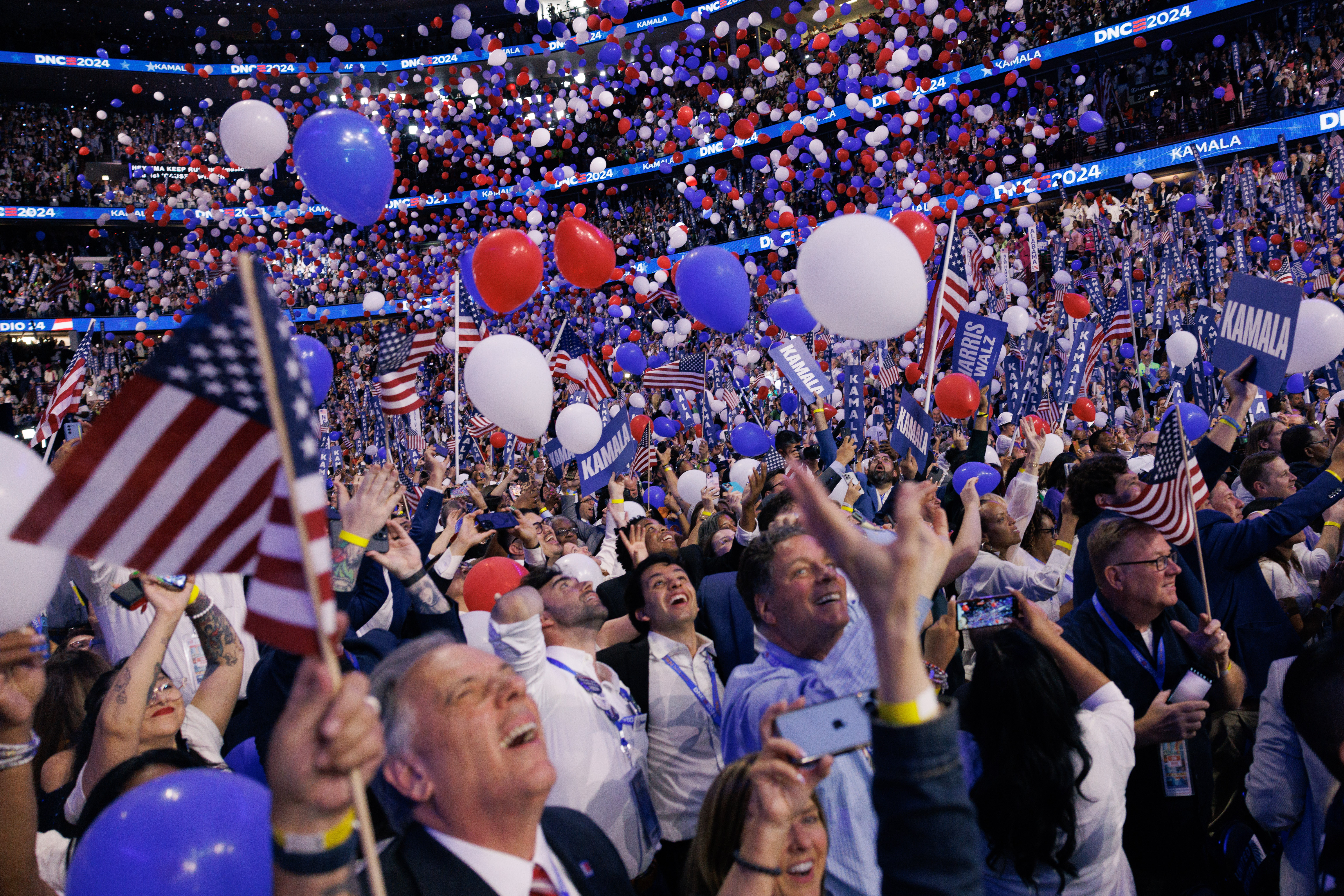Balloons drop on day four of the Democratic National Convention at the United Center, Thursday, August 22, 2024.
