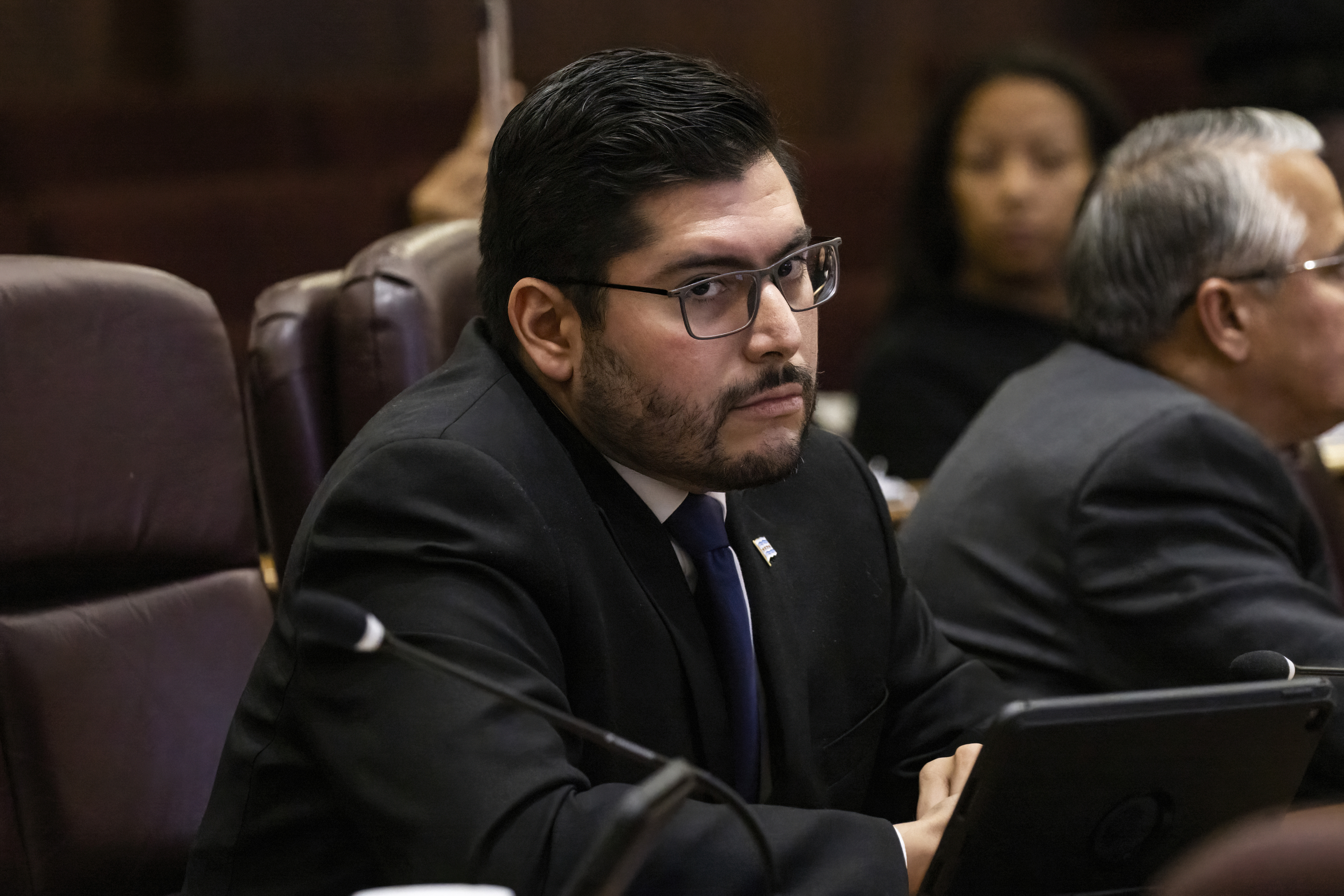 Ald. Carlos Ramirez-Rosa (35th) reacts after Ald. Scott Waguespack (32nd) made a motion to censure Ramirez-Rosa at a Chicago City Council meeting  on Nov. 7, 2023. 
