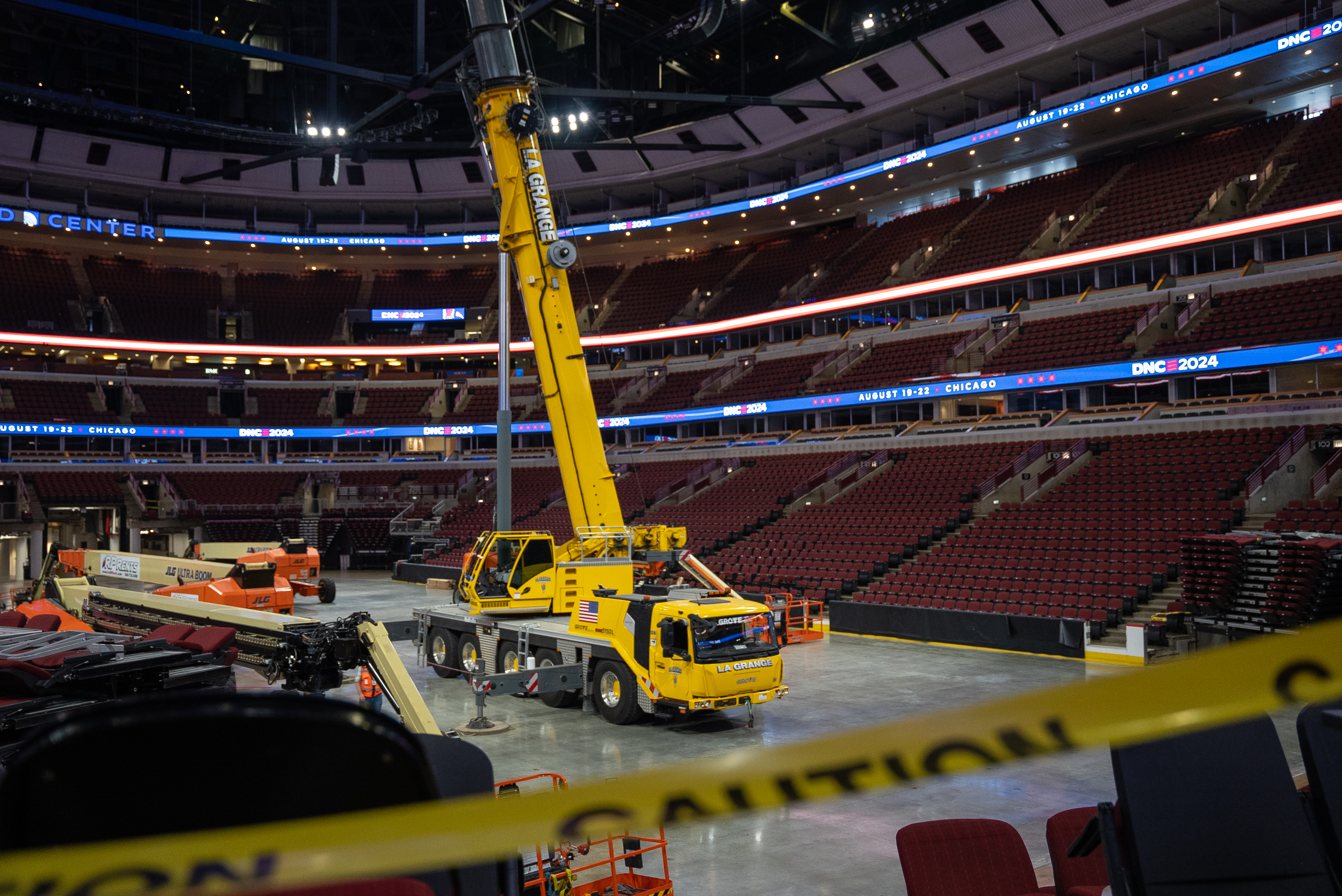 Construction inside the United Center begins for the 2024 Democratic National Convention June 24. 