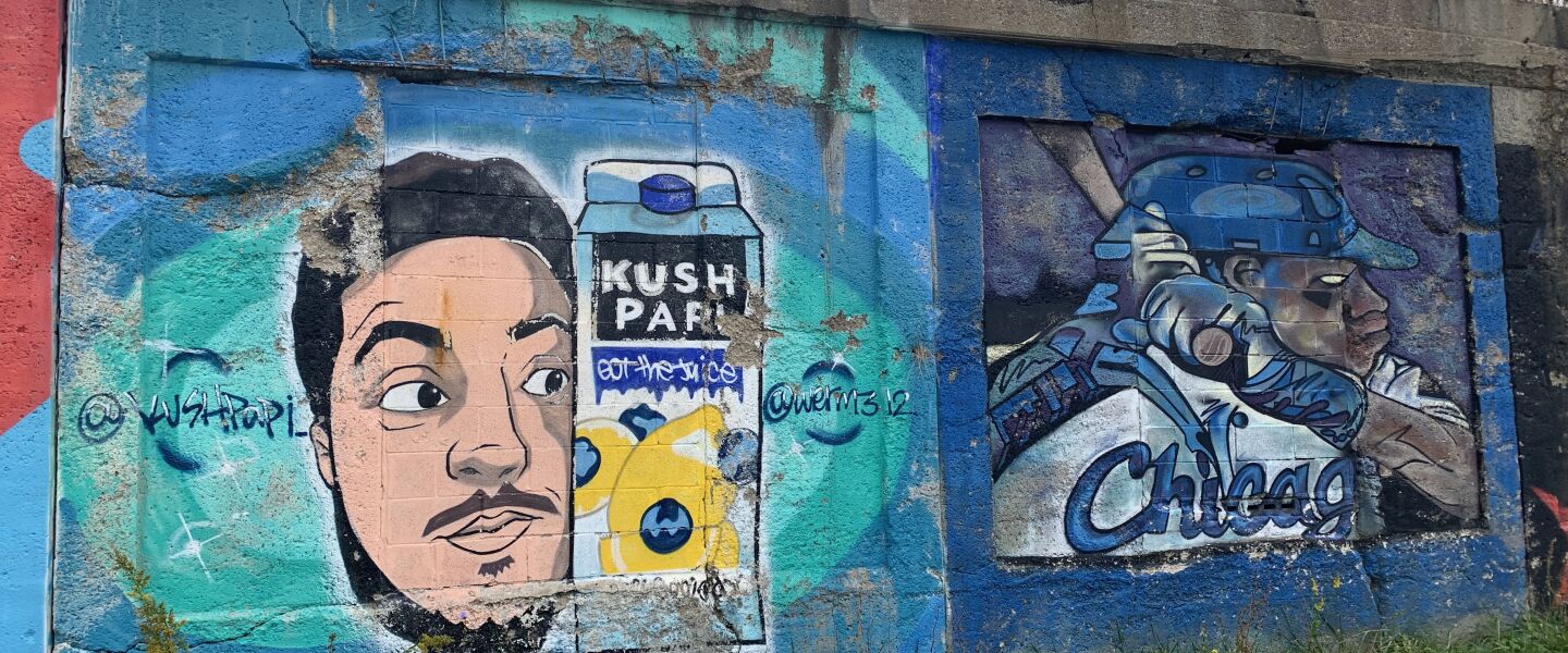 The mural at left, done by the 42-year-old West Lawn artist who goes by Werm, features comedian/entertainer Kush Papi. At right is a mural of White Sox great Frank Thomas by 38-year-old Brighton Park artist Burn 365.