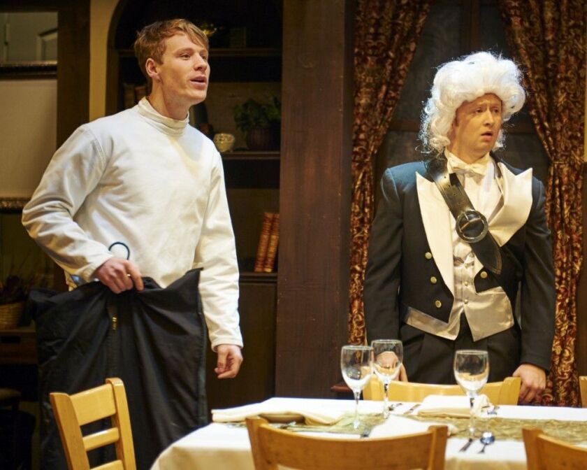 Dash Barber (left) and Christopher Borek in “Posh” at Steep Theatre. (Photo: Lee Miller)