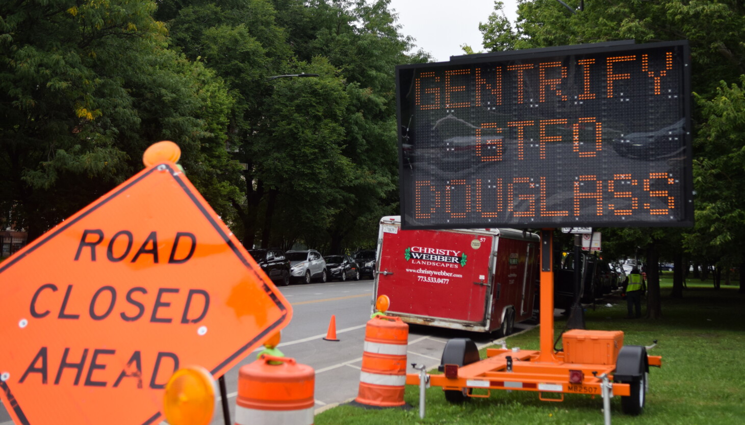 Coverage image for: Construction sign displaying anti-Riot Fest messages appears near Douglass Park, echoing local frustrations