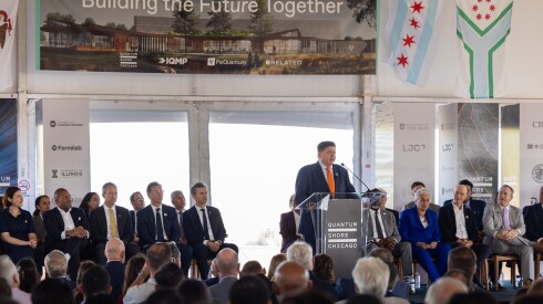 Illinois Governor JB Pritzker speaks at the groundbreaking of the Illinois Quantum & Microelectronics Park (IQMP) on the South Side, Tuesday, Sept. 30, 2025. IQMP is the first phase of Quantum Shore Chicago, a 440-acre master-planned technology and innovation district along the Chicago lakefront.