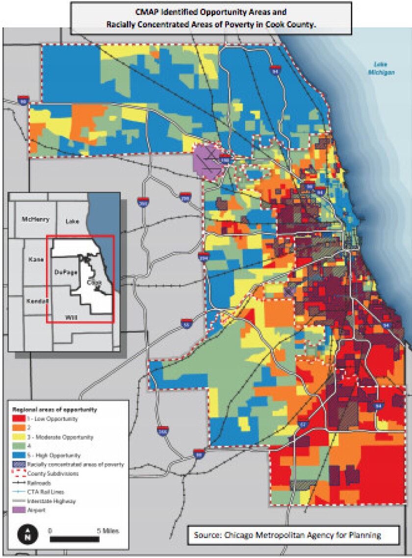 The graphic, taken from a 2018 report by the Community and Economic Development Association of Cook County, identifies much of the south suburbs as a region of high poverty and low “opportunity,” defined by access to jobs, good schools and other amenities that indicate quality of life. The report uses data from the Chicago Metropolitan Agency for Planning.