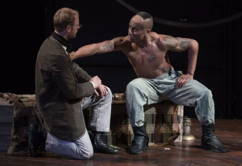 Jamie Abelson (left) is Ishmael and, Anthony Fleming III is Queequeg in Lookingglass Theatre’s “Moby Dick.”