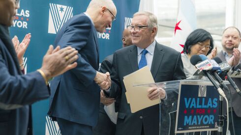 U.S. Sen. Dick Durbin shakes hands with Paul Vallas on March 26, 2023, at Athena Restaurant after endorsing Vallas for mayor.