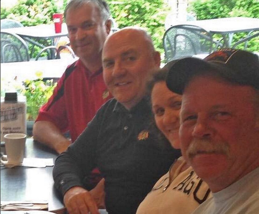 Player dads Gary Seabrook (far), Patrick Kane Sr. (middle) and Bill Bickell (near) ate breakfast Monday at the Palace Grill near the United Center. | Photo courtesy of George Lemperis