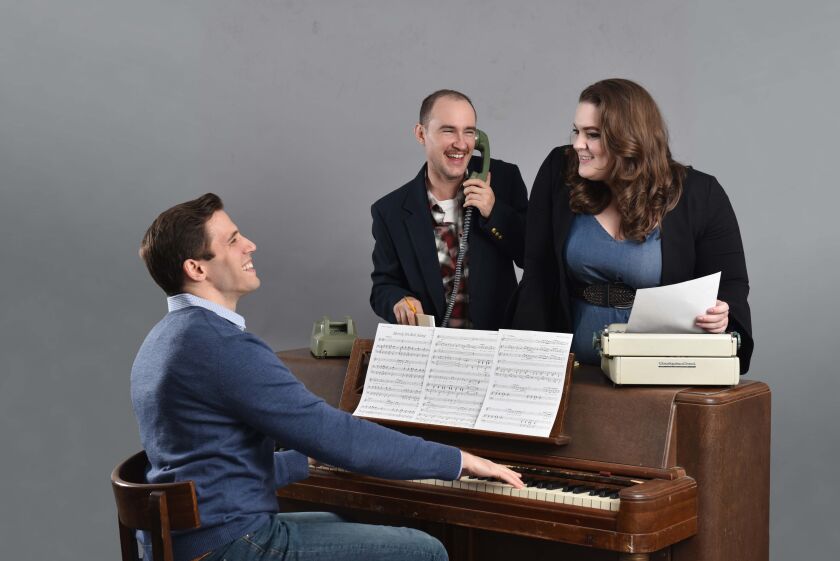 Jim DeSelm (from left), Matt Crowle and Neala Barron star in Porchlight Music Theatre’s “Merrily We Roll Along.” | Michael Courier