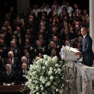 Former President Barack Obama speaks at a memorial service for Sen. John McCain, R-Ariz., at Washington National Cathedral in Washington, Saturday, Sept. 1, 2018. McCain died Aug. 25, from brain cancer at age 81. (AP Photo/Pablo Martinez Monsivais) ORG XM