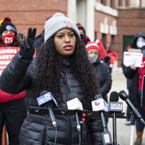 Stacy Davis Gates, vice president of the Chicago Teachers Union, speaks during a press conference outside Joseph Jungman Elementary School in Pilsen to call for “safety, equity and trust in any school reopening plan” on Martin Luther King Jr. Day, Monday morning, Jan. 18, 2021.