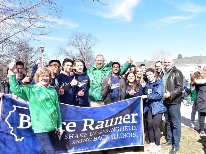 Republican comptroller nominee Darlene Senger, front left, with Gov. Bruce Rauner, center. From Facebook.
