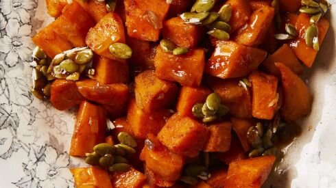 Spicy maple sweet potatoes with cinnamon pepitas.