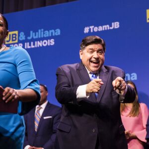 Gubernatorial candidate J.B. Pritzker and his running mate, State Rep. Juliana Stratton, celebrate his win. | Ashlee Rezin/Sun-Times