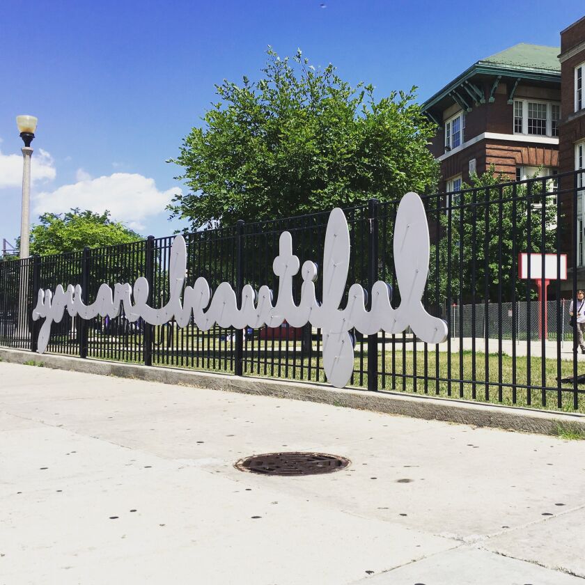 Matthew Hoffman hopes his artwork, like this “you are beautiful” piece at Sunnyside Avenue and Broadway, brings people a sense that they should “just be yourself, and that’s enough.”