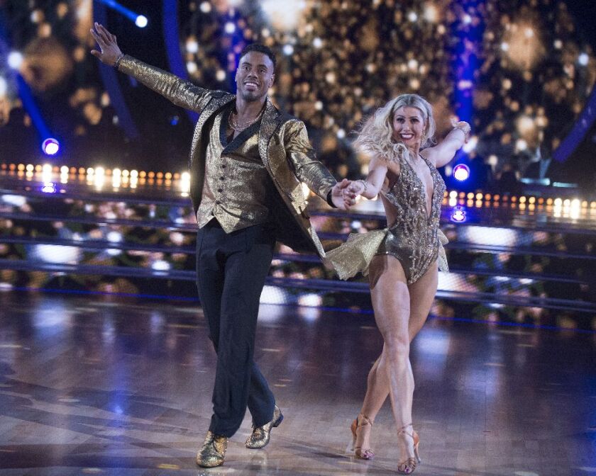 NFL running back Rashad Jennings and his pro partner Emma Slater dazzled the ballroom with their fiery cha-cha Monday night on “Dancing with the Stars.” (ABC/Eric McCandless)