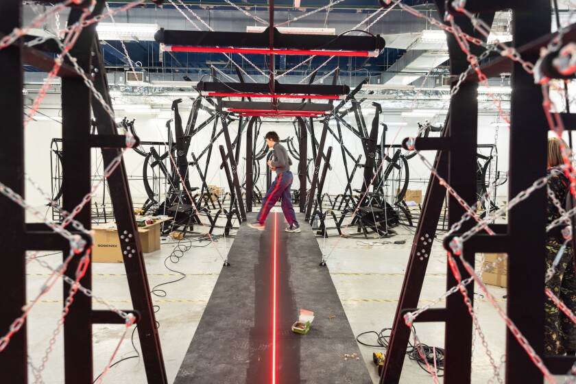 Art installations to be featured at a new store front being setup for the Biennial on Michigan Ave on October 31, 2025.