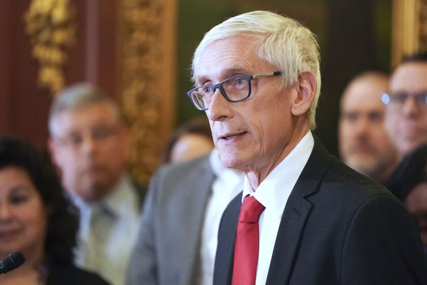 Wisconsin Gov. Tony Evers holds a news conference in Madison, Wis., in February.