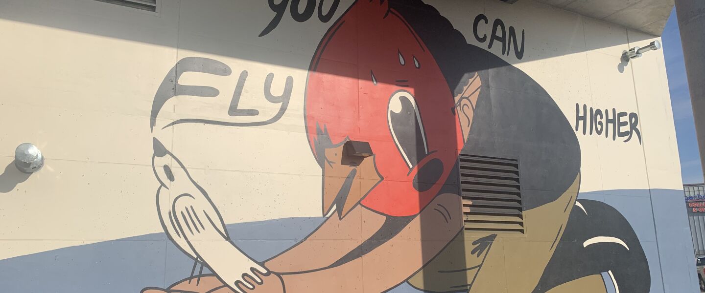 One section of the 240-by-24-feet mural features a kneeling figure wearing a mask and holding a white bird, bearing the message, “You can fly higher.”