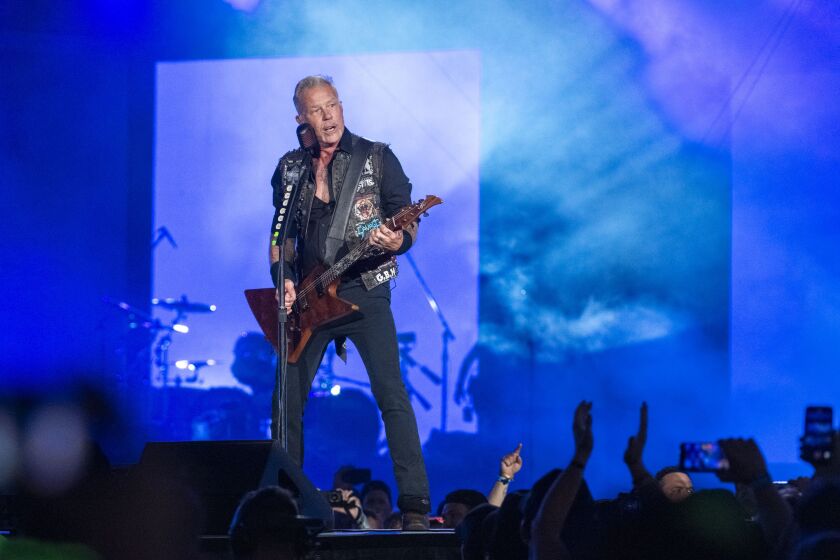 Metallica concert stage setup with pyrotechnics, 2021