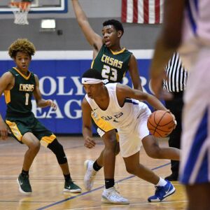 Brooks’ Isaiah Tolbert (1) gets around Ag. Science’s Jaden House (23), Thursday 01-10-19. Worsom Robinson/For the Sun-Times.