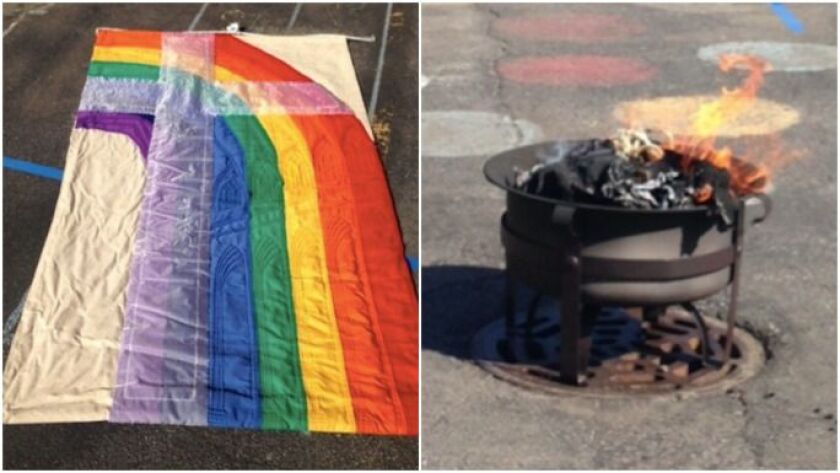 Rev. Paul Kalchik burned this LGBTQ-friendly banner on church grounds last week, against the order of Cardinal Blase Cupich. | Provided photos