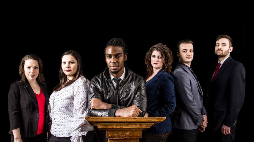 The cast of Flying Elephant Productions world premiere musical “We the People: The Anti-Trump Musical” — Carmen Fisher (from left) Risi, Alyssa Soto, Dwayne Everett, Elizabeth Rentfro, Bradley Halverson and Timothy Swaim. | Cole Simon Photo