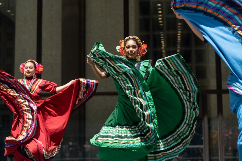 Natalie Reyes, 11, of Toui Ballet Folklorico from the Richard Edwards Elementary School performs during a celebration of Mexico Week at Daley Plaza in the Loop, Tuesday, May 9, 2023. | Pat Nabong/Sun-Times