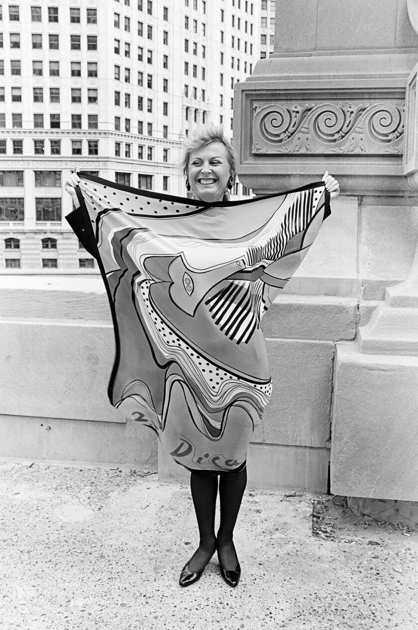 Margaret Daley wearing Picasso scarves on the Chicago River, Chicago, Illinois.