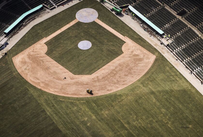 Aerial photos of Wrigley Field with fresh sod taken Saturday, April 1, 2017. | Lee Hogan/For the Sun-Times
