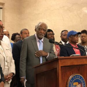 U.S. Rep. Danny Davis and a slew of elected officials held a news conference to plead for more government investment in impoverished communities as a way to reduce violence. | Fran Spielman/Sun-Times