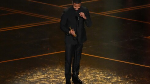 Michael B. Jordan accepts the award for actor in a leading role for "Sinners" during the Oscars on Sunday, March 15, 2026, at the Dolby Theatre in Los Angeles.