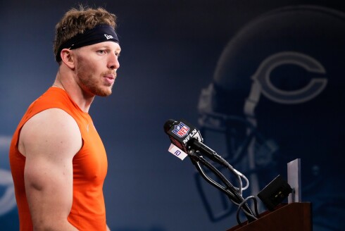Bears rookie Dillon Thieneman talks to media during rookie minicamp on Friday, May 8, 2026, at Halas Hall.