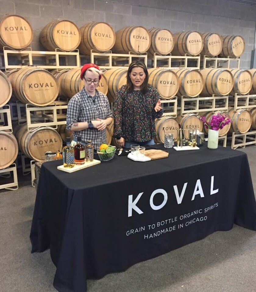 Ji Suk Yi and Koval education ambassador A. Tonks Lynch talk about making cocktails at Koval Distillery in Ravenswood.