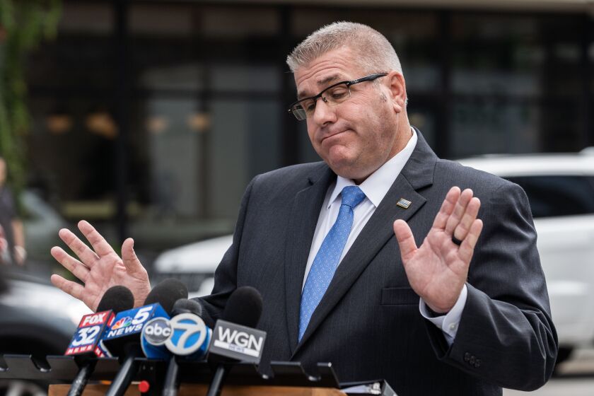 Darren Bailey, the Republican candidate for governor of Illinois, speaks to the media about crime in Chicago during a press conference in the West Loop, Tuesday, Sept. 13. Bailey has repeatedly called Chicago a “hellhole.”