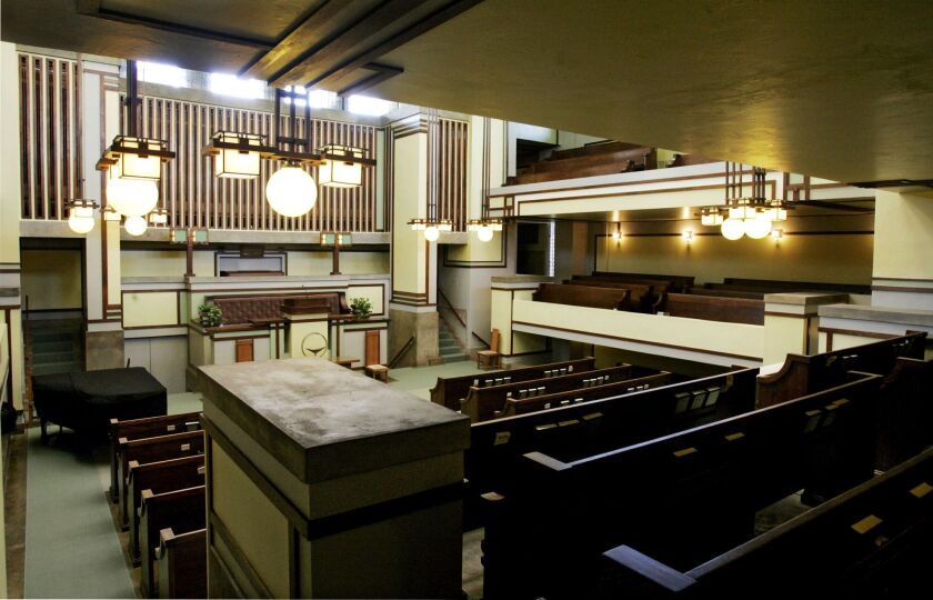The interior of Frank Lloyd Wright’s Unity Temple in Oak Park. The temple has been closed for renovation and restoration, and is set to open later this month. | Associated Press