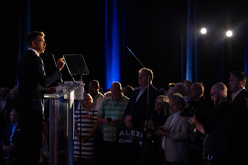 Secretary of State Alexi Giannoulias announces his run for mayor at an event in Bronzeville on the South Side, Sunday, Aug. 2, 2026.