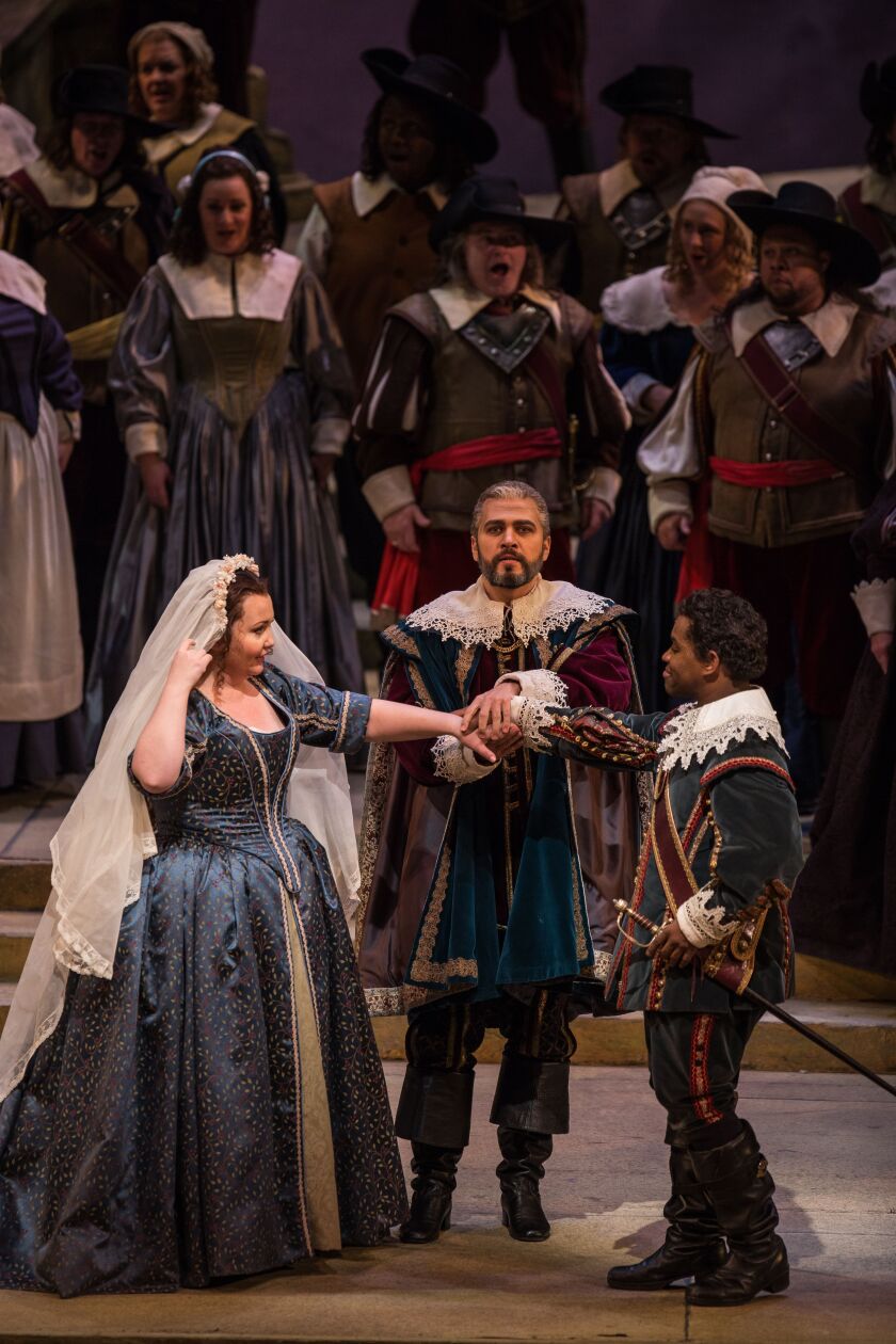 Albina Shagimuratova (from left), Adrian Sâmpetrean and Lawrence Brownlee in “I Puritani” at Lyric Opera. | ANDREW CIOFFI