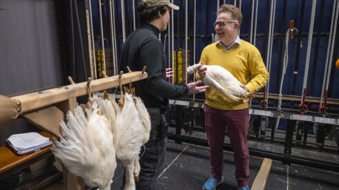 Duncan McMillan, a Goodman Theatre stage manager, shows Stefano Esposito the correct way to handle a prop goose that he will later hand to Bob Cratchit, played by actor Jon Hudson Odom.