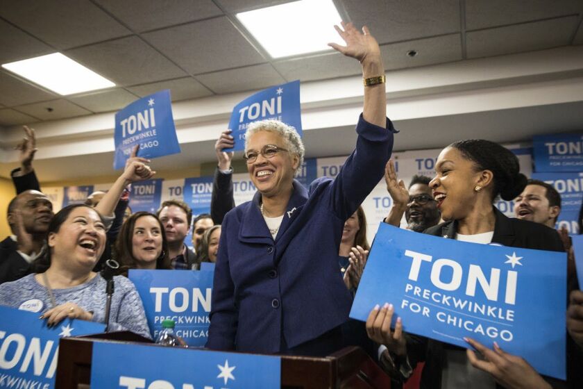 Mayoral candidate Toni Preckwinkle speaks at her election night event at Lake Shore Cafe, 4900 S. Lake Shore Dr., Tuesday night, Feb. 26, 2019. | Ashlee Rezin/Sun-Times