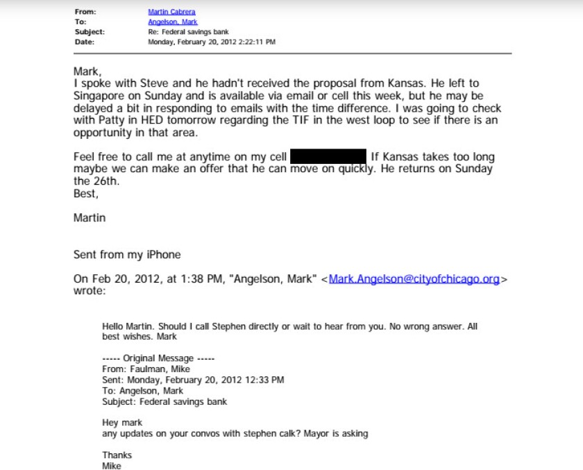 Feb. 20, 2012, email exchange between Martin Cabrera Jr. and then-Deputy Mayor Mark Angelson regarding city grant for Stephen M. Calk’s bank. | City Hall