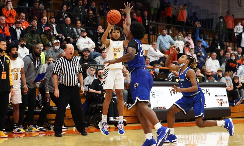 Joliet West's Jeremiah Fears (2) attempts a last-second three with the Tigers down by two against Vashon in 2021.