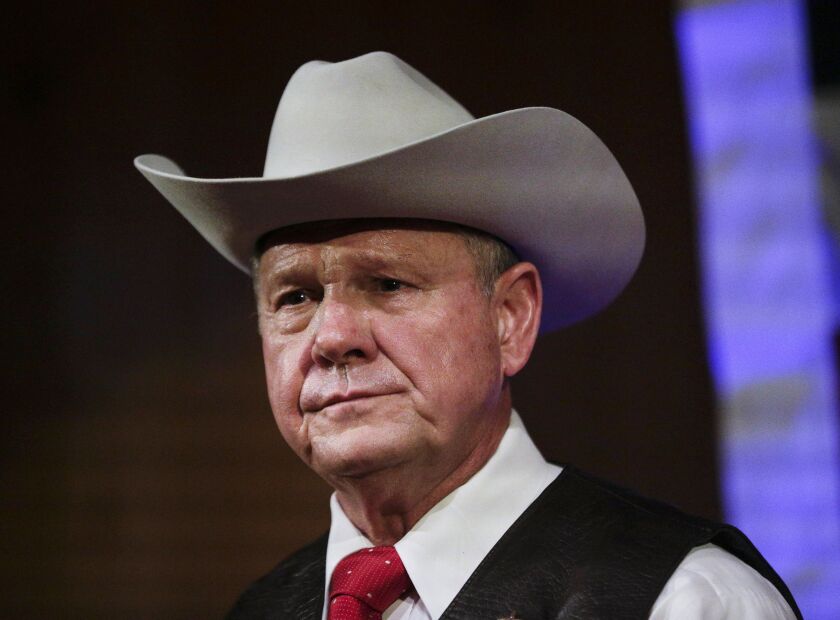 Former Alabama Chief Justice and U.S. Senate candidate Roy Moore speaks at a rally, in Fairhope, Alabama, in September. Moore went to court to try to stop Alabama from certifying Democrat Doug Jones as the winner of the U.S. Senate race. Moore filed a law