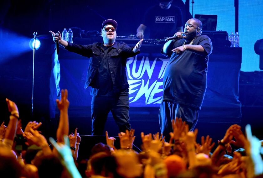 El-P and Killer Mike of Run the Jewels perform onstage at Atlantic Station on February 2, 2019 in Atlanta, Georgia. The duo headlines Riot Fest on Saturday night.