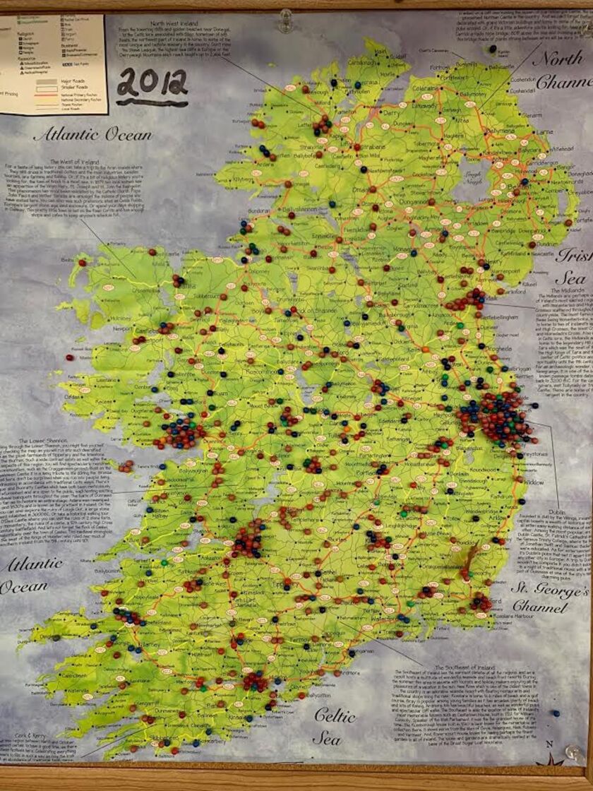 Dan O’Donnell kept maps at Armitage Hardware with pushpins showing the hometowns of students from Ireland he helped. This map is from the summer of 2012, when about 1,500 of the students were in town.