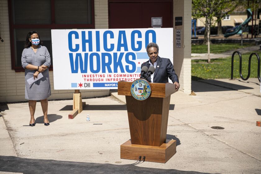 Mayor Lori Lightfoot discusses the Chicago Works program designed to revitalize the city’s streets and alleys and the jobs it will bring at a news conference last April.