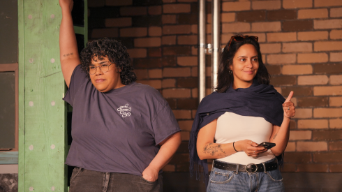 Zoe McKee (left) and Yazmin Ramos rehearse “Pandemonium, Please Hold” at the Second City Main Stage in Old Town, Friday, May 1, 2026.