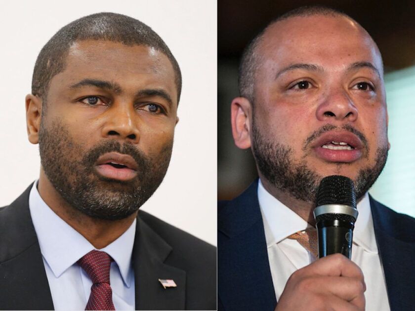State Rep. La Shawn Ford, left, speaking with the Sun-Times Editorial Board in 2017. File Photo.| Rich Hein/Sun-Times; City Treasurer Kurt Summers, right, touts his gubernatorial candidacy before the Cook County Democratic Party in 2017. File Photo. | Ash
