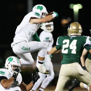 Notre Dame’s Ty Gavin hurdles one of his blockers. Allen Cunningham/For the Sun-Times.