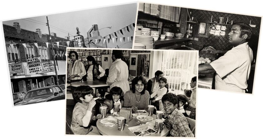 Left: A street scene at Devon Avenue near Maplewood Avenue in November 1984. Center: People eating at Food and Flavor, 2359 Devon Ave., December 1984. Right: A cook at Gandhi India Restaurant, 2561 W. Devon Ave., December 1984.