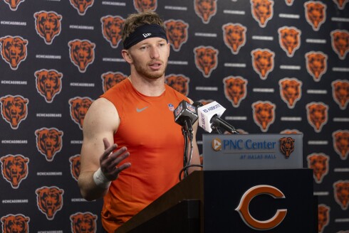 Bears safety Dillon Thieneman speaks to reporters during rookie minicamp at Halas Hall on Friday, May 8, 2026.